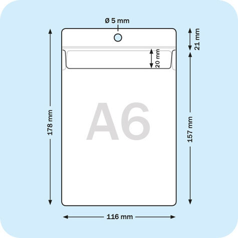 legatoria Busta a U. foro 105x148mm(A6) TRASPARENTE, con lato sporgente e con foro da 5mm per lappensione, in PVC morbido da 160 micron, aperta sul lato corto. Contiene fogli formato A6 (10,5x14,85cm). Formato esterno (115x157mm). Con patella di chiusura.