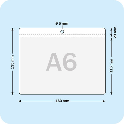 legatoria Busta a U. foro 105x148mm(A6) TRASPARENTE, con lato sporgente e con foro da 5mm per lappensione, in PVC morbido da 180 micron, aperta sul lato lungo. Contiene fogli formato A6 (10,5x14,85cm). Formato esterno (160x115mm). Senza patella di chiuusra.