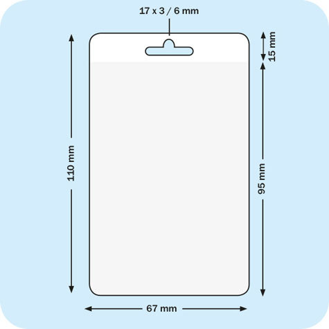 legatoria Busta Portaetichetta 67x95mm, perCartoncini 55x90mm TRASPARENTE, Abbinabili ai cartoncini leg2544. Aperta sul lato corto, con lato sporgente di 15mm e perforazione europea, in PVC morbido da 180 micron, formato 67x95mm, (95x67mm).