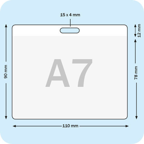 legatoria Portatesserino, A7 (110x78mm) TRASPARENTE, aperta sul lato lungo, con lato sporgente di 12mm con foro allungato, in PVC morbido da 180 micron, formato A7 (110x78), (78x110).
