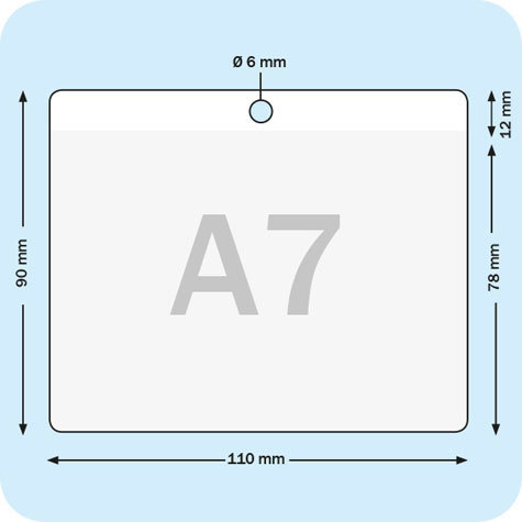 legatoria Portatesserino, A7 (110x78mm) TRASPARENTE, aperto sul lato lungo, con lato sporgente di 12mm con foro circolare, in PVC morbido da 180 micron, formato A7 (110x78mm), (78x110mm).