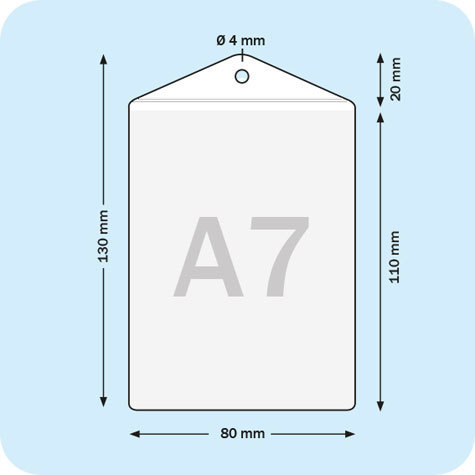 legatoria Portatesserino, A7 (80x110mm) TRASPARENTE, aperta sul lato corto, con lato sporgente di 20mm con foro circolare, in PVC morbido da 180 micron, formato A7 (80x110mm), (110x80mm).
