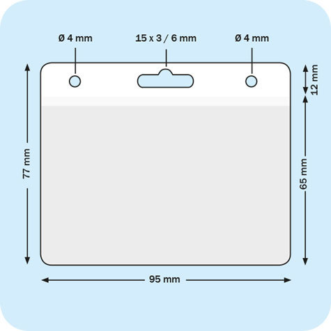 legatoria Portatesserino, 95x65mm TRASPARENTE, aperto sul lato lungo, , con lato sporgente di 12mm, in PVC morbido da 400 micron, con foro europeo + 2 fori laterali da 4 mm, formato 95x65mm, (65x95mm).