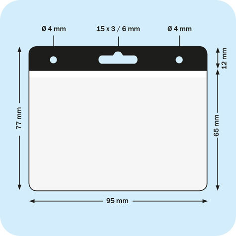 legatoria Portatesserino, 95x65mm NERO, con bordino bianco, aperto sul lato lungo, in PVC morbido da 400 micron, con foro europeo + 2 fori laterali da 4 mm, formato 95x65mm, (65x95mm).