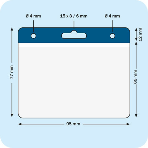 legatoria Portatesserino, 95x65mm BLU, aperta sul lato lungo, con lato sporgente di 12mm, in PVC morbido da 400 micron, con foro europeo + 2 fori laterali da 4 mm, formato 95x65mm, (65x95mm).