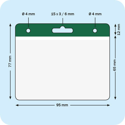 legatoria Portatesserino, 95x65mm VERDE, con bordino bianco, aperto sul lato lungo, in PVC morbido da 400 micron, con foro europeo + 2 fori laterali da 4 mm, formato 95x65mm, (65x95mm).