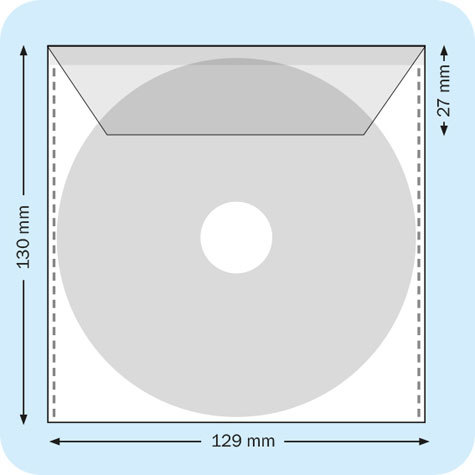 legatoria Busta porta CD non adesiva TRASPARENTE, 129x130mm, con patella di chiusura, forma quadrangolare.