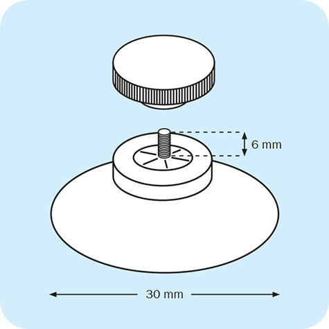 legatoria Ventosa diametro30mm, testaFilettata 4x6mm,  conTappoFilettato BIANCO, diametro 30mm, con filettatura metallica diametro 4mm e lunga 6mm.