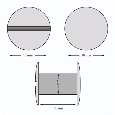 legatoria Viti sepolte rilegatura, NICHELATE, 10mm lunghezza mm 10, testa diametro 10mm, tubetto diametro 5mm, una testa fissa ed una mobile. Per lunghezza, si intende la distanza INTERNA tra le due teste, che corrisponde allo spessore del volume da rilegare.