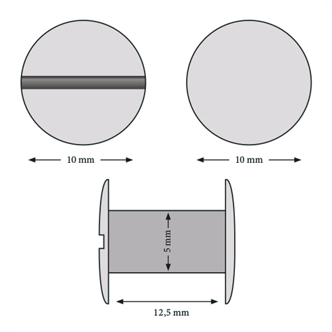 legatoria Viti sepolte rilegatura ottone 12,5mm tornite, diametro testa 10mm, diametro tubetto 5mm, una testa fissa ed una mobile. Per lunghezza, si intende la distanza INTERNA tra le due teste, che corrisponde allo spessore del volume da rilegare.