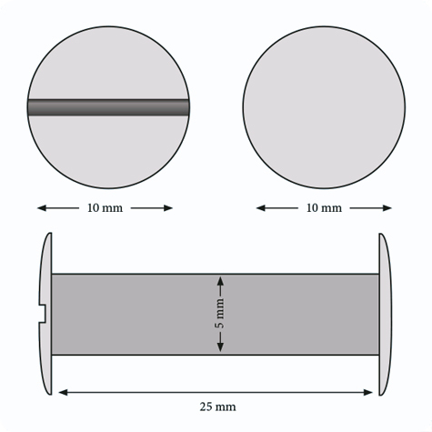 legatoria Viti sepolte rilegatura ottone 25mm  tornite, diametro testa 10mm, diametro tubetto 5mm, una testa fissa ed una mobile. Per lunghezza, si intende la distanza INTERNA tra le due teste, che corrisponde allo spessore del volume da rilegare.