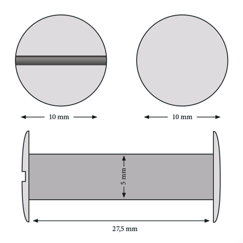 legatoria Viti sepolte rilegatura ottone 27,5mm tornite, diametro testa 10mm, diametro tubetto 5mm, una testa fissa ed una mobile. Per lunghezza, si intende la distanza INTERNA tra le due teste, che corrisponde allo spessore del volume da rilegare.