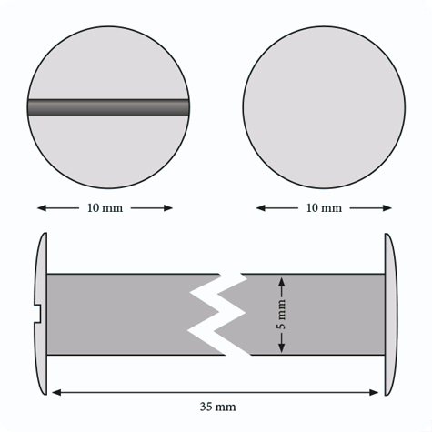 legatoria Viti sepolte rilegatura ottone 35mm tornite, diametro testa 10mm, diametro tubetto 5mm, una testa fissa ed una mobile. Per lunghezza, si intende la distanza INTERNA tra le due teste, che corrisponde allo spessore del volume da rilegare.