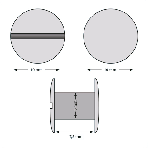 legatoria Viti sepolte rilegatura ottone 7,5mm tornite, diametro testa 10mm, diametro tubetto 5mm, una testa fissa ed una mobile. Per lunghezza, si intende la distanza INTERNA tra le due teste, che corrisponde allo spessore del volume da rilegare.