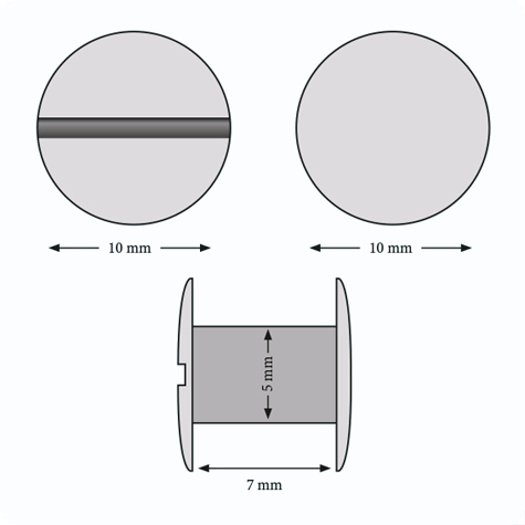 legatoria Viti sepolte rilegatura, NICHELATE, 7mm lunghezza mm 7, testa diametro 10mm, tubetto diametro 5mm, una testa fissa ed una mobile. Per lunghezza, si intende la distanza INTERNA tra le due teste, che corrisponde allo spessore del volume da rilegare.