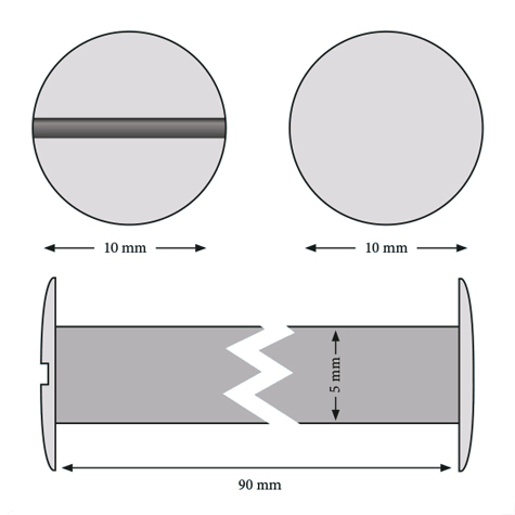 legatoria Viti sepolte rilegatura, OTTONATE, 90mm lunghezza 90 mm, testa diametro 10mm, tubetto diametro 5mm, una testa fissa ed una mobile. Per lunghezza, si intende la distanza INTERNA tra le due teste, che corrisponde allo spessore del volume da rilegare.
