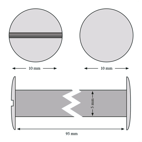 legatoria Viti sepolte rilegatura, OTTONATE, 95mm lunghezza 95 mm, testa diametro 10mm, tubetto diametro 5mm, una testa fissa ed una mobile. Per lunghezza, si intende la distanza INTERNA tra le due teste, che corrisponde allo spessore del volume da rilegare.