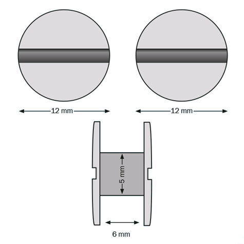 legatoria Viti sepolte rilegatura. plastica 6mm  NERO, lunghezza mm 6, diametro testa 12mm, diametro tubetto 5mm, una testa fissa ed una mobile, LVI6106. Per lunghezza, si intende la distanza INTERNA tra le due teste, che corrisponde allo spessore del volume da rilegare.