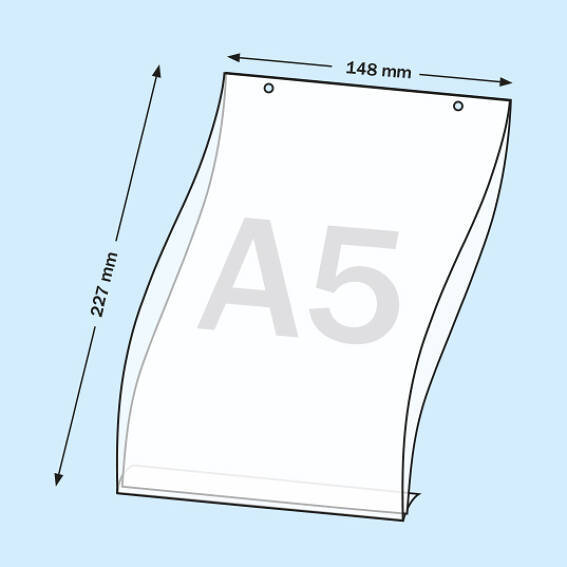 legatoria PortaLocandinaAppendivile A5Verticale 148x210mm PortaCartello TRASPARENTE, con 2 FORI per appensione (5mm), formato A5 (148x210mm). In PVC rigido da 400 micron antiriflesso.