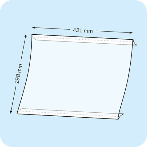 legatoria Porta cartello A3, orizzontale autoadesivo SEMITRASPARENTE, con 2 STRIP ADESIVI, formato A3 (298x421mm). In PVC rigido da 400 micron antiriflesso.
