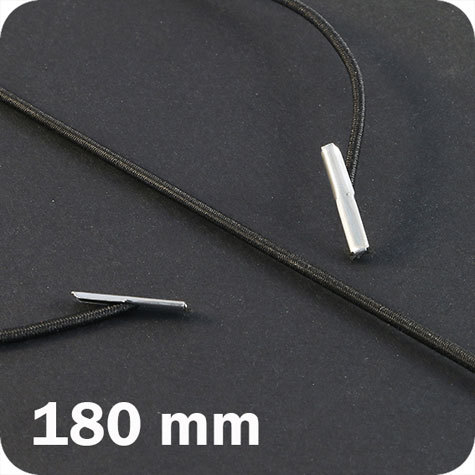 legatoria Elastico con 2 capicorda, lunghezza 180mm NERO, lunghezza 180mm (compresi i 2 capicorda), elastico a sezione tonda rivestito in tessuto, spessore 2,2mm.