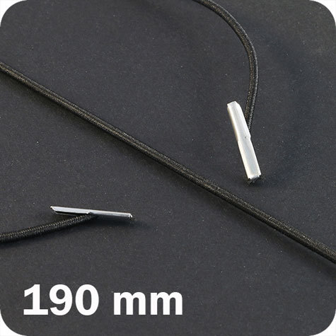 legatoria Elastico con 2 capicorda, lunghezza 190mm NERO, lunghezza 190mm (compresi i 2 capicorda), elastico a sezione tonda rivestito in tessuto, spessore 2,2mm.