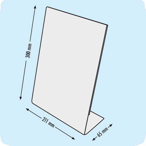 legatoria Porta cartello, acrilico. A4 verticale TRASPARENTE, base a L larga 65mm, in polistirene da 1,5mm, formato A4 (211x300mm) a disposizione verticale.