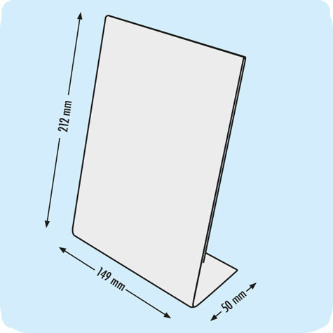 legatoria Porta cartello, acrilico. A5 verticale TRASPARENTE, base a L larga 50mm, in polistirene da 1,5mm, formato A5 (149x212mm) a disposizione verticale.