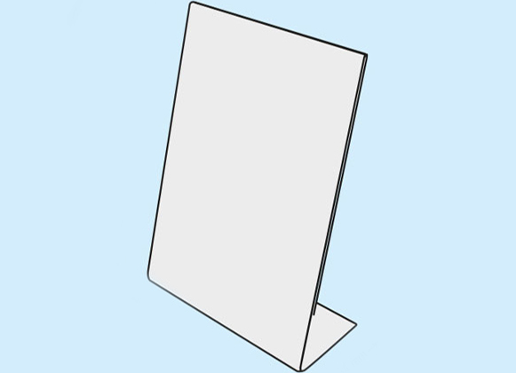 legatoria Porta cartello, acrilico A6 verticale TRASPARENTE, base a L larga 44mm, in polistirene da 1,5mm, formato A6 (106x151mm) a disposizione verticale.