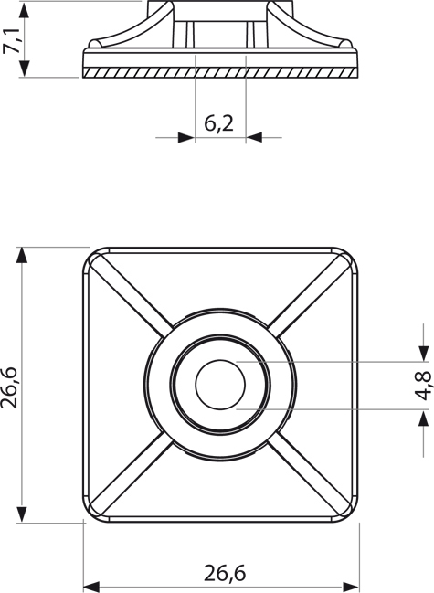legatoria Basetta autoadesiva 27x27mm BIANCO, in plastica bianca, sezione quadrata, per ancoraggio bidirezionale di fascette in plastica.