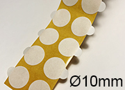 legatoria Bollini biadesivi PE. diametro 10mm adesivo permanente da entrambi i lati, con strap per agevolare la rimozione della pellicola, spessore 1mm, in rotolo leg203