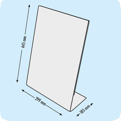 legatoria Porta cartello, acrilico. A3 verticale TRASPARENTE, base a L larga 105mm, in polistirene da 2,5mm , formato A3 (299x425mm) a disposizione verticale.