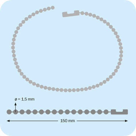 legatoria Catena a sfere, lunghezza 15cm NICHELATA, diametro sfere 1,5mm, con connettore di chiusura.