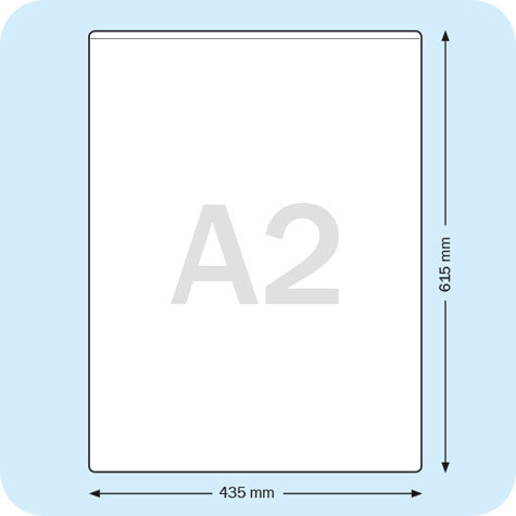 legatoria Busta con bottone protettiva per formato A2. TRASPARENTE, in PVC da 180 micron, aperta sul lato corto, formato A2 (435x610mm).