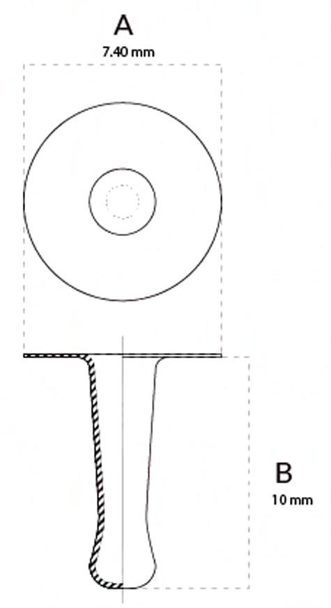 legatoria Olgo rivetto, NICHELATO, altezza 10mm Olgo maschio rivetto doppia testa, diametro base 7.40mm, base forata.