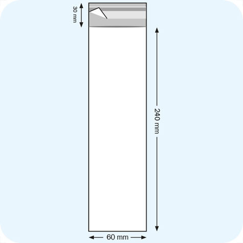 legatoria Sacchetto polipropilene orientato (OPP) 60x240mm TRASPARENTE, in polipropilene (OPP) da 30 micron, con patella da 30mm e banda autoadesiva di chiusura sul lato corto.