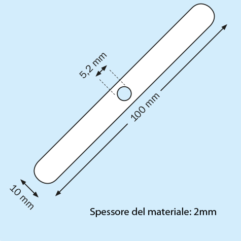 legatoria PiastraFissaggio ganci per campionario ZINCATA. misure: 100 x 10 x 2 mm  forato al centro, foro diametro di 5.2 mm .