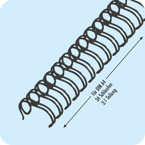 legatoria Spirali metalliche 34anelli, 14,3mm ARGENTO passo 3:1, lunghezza 297mm, spessore 14,3mm (9-16 pollice), per rilegare fino a 120 fogli da 80 grammi.