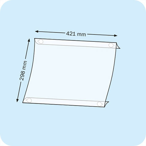 legatoria Porta cartello A3, orizzontale autoadesivo SEMITRASPARENTE, con 4 DISCHI ADESIVI, formato A3 (298x421mm) con 4 dischi adesivi. In PVC rigido da 400 micron antiriflesso.