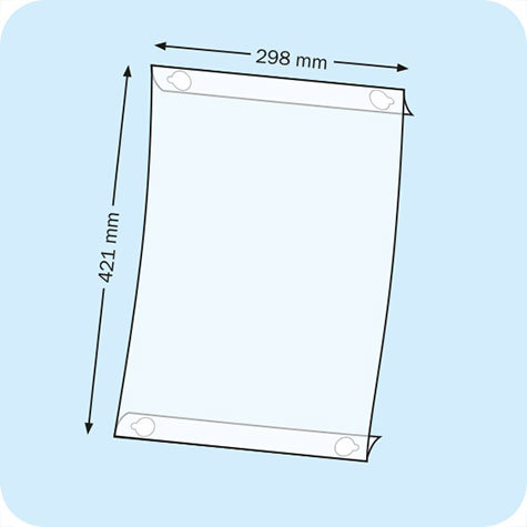 legatoria Porta cartello A3, verticale autoadesivo SEMITRASPARENTE, con 4 DISCHI ADESIVI, formato A3 (298x421mm). In PVC rigido da 400 micron antiriflesso.