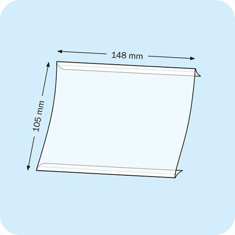 legatoria Porta cartello A6, orizzontale autoadesivo SEMITRASPARENTE, con 2 STRIP ADESIVI, formato A6 (148x105mm). In PVC rigido da 400 micron antiriflesso.