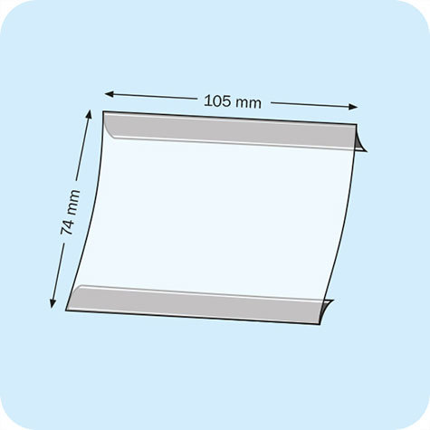 legatoria Porta cartello A7, orizzontale magnetico SEMITRASPARENTE, con 2 strip MAGNETICI posteriori 100x15x1mm, formato A7 (105x74mm). In PVC rigido da 400 micron, antiriflesso.