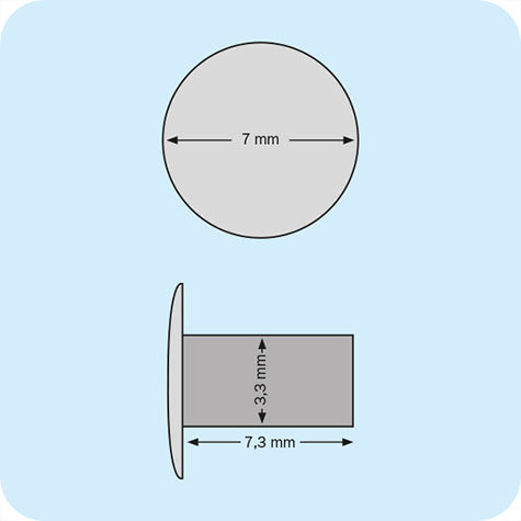legatoria Olgo per teste tipo A NICHELATO, base bombata chiusa. Base diametro: 7 mm, asta diametro: 3.3 mm, asta lunga: 7.3 mm, spessore rivettabile: 0-3.5mm.