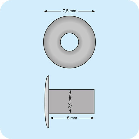 legatoria Olgo per teste tipo A NICHELATO, base aperta. Base diametro: 7.5 mm, asta diametro: 2.9 mm, asta lunga: 8 mm, spessore rivettabile: 0-4mm.