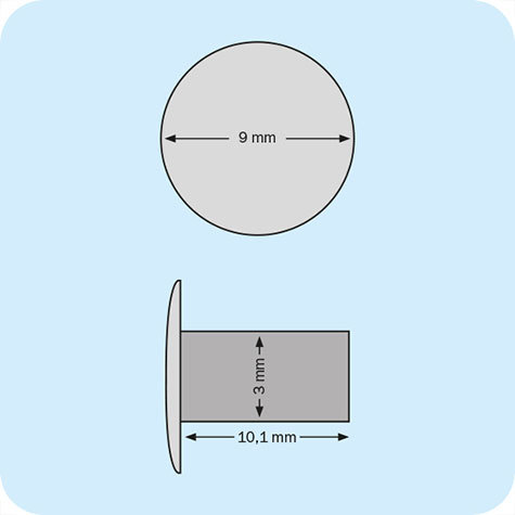 legatoria Olgo per teste tipo A NICHELATO, base bombata chiusa. Base diametro: 9 mm, asta diametro: 3 mm, asta lunga: 10.1 mm, spessore rivettabile:2-6 mm.