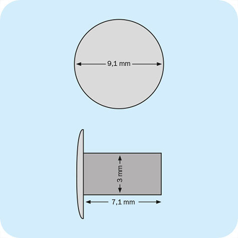 legatoria Olgo per teste tipo A NICHELATO, base bombata chiusa. Base diametro: 9.1 mm, asta diametro: 3 mm, asta lunga: 7.1 mm, spessore rivettabile: 0-3 mm.