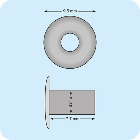 legatoria Olgo per teste tipo A NICHELATO, base aperta. Base diametro: 9.5 mm, asta diametro: 3 mm, asta lunga: 7.7 mm, spessore rivettabile: 2-7 mm.