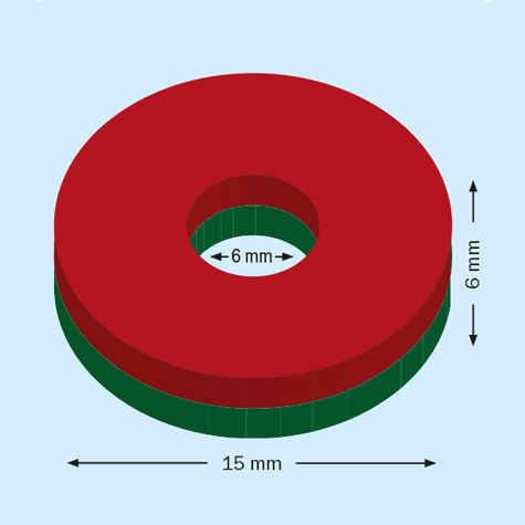 legatoria Rondella magnetica, diametro 15mm Diametro esterno 15 mm. Diametro interno 6 mm. Spessore 6 mm. Magnete al Neodimio, grado magnetico N42  (forza di attrazione:5100g).