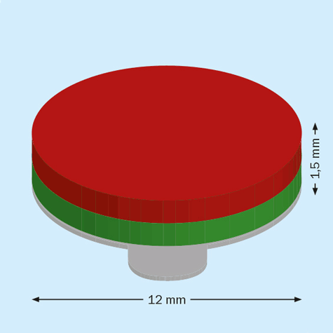 legatoria Calamita cilindrica adesiva, diametro 12mm Calamita cilindrica in ferrite diametro 12mm, altezza 1.5mm (forza di attrazione: 1000g), con adesivo permanente al polo negativo.