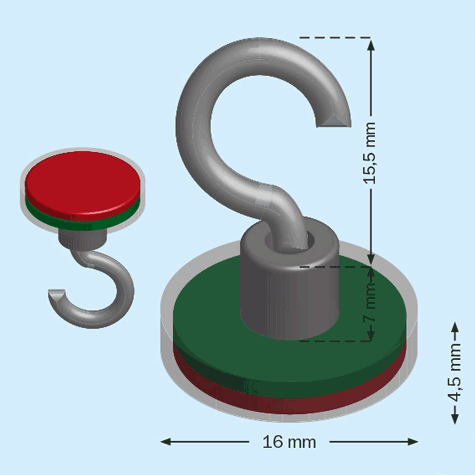 legatoria Gancio magnetico, diametro 16mm ARGENTO, in metallo, con magnete al neodimio. Diametro 16mm, alto 27mm, calamita con grado magnetico N38 (forza di attrazione:8kg).